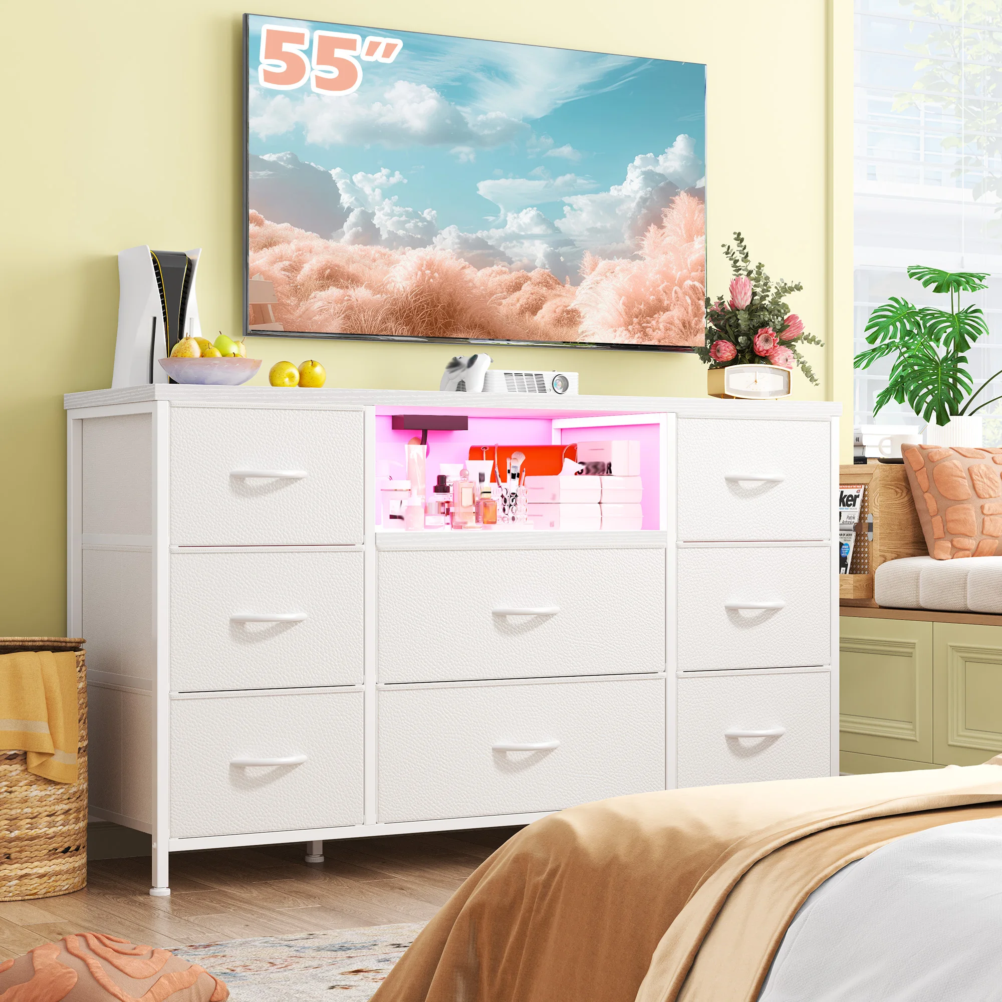 EnHomee 8-Drawer Media Dresser with LED Lighting & Built-in Charging Station - Fabric Storage Cabinet for 55" TVs, Ideal for Bedroom