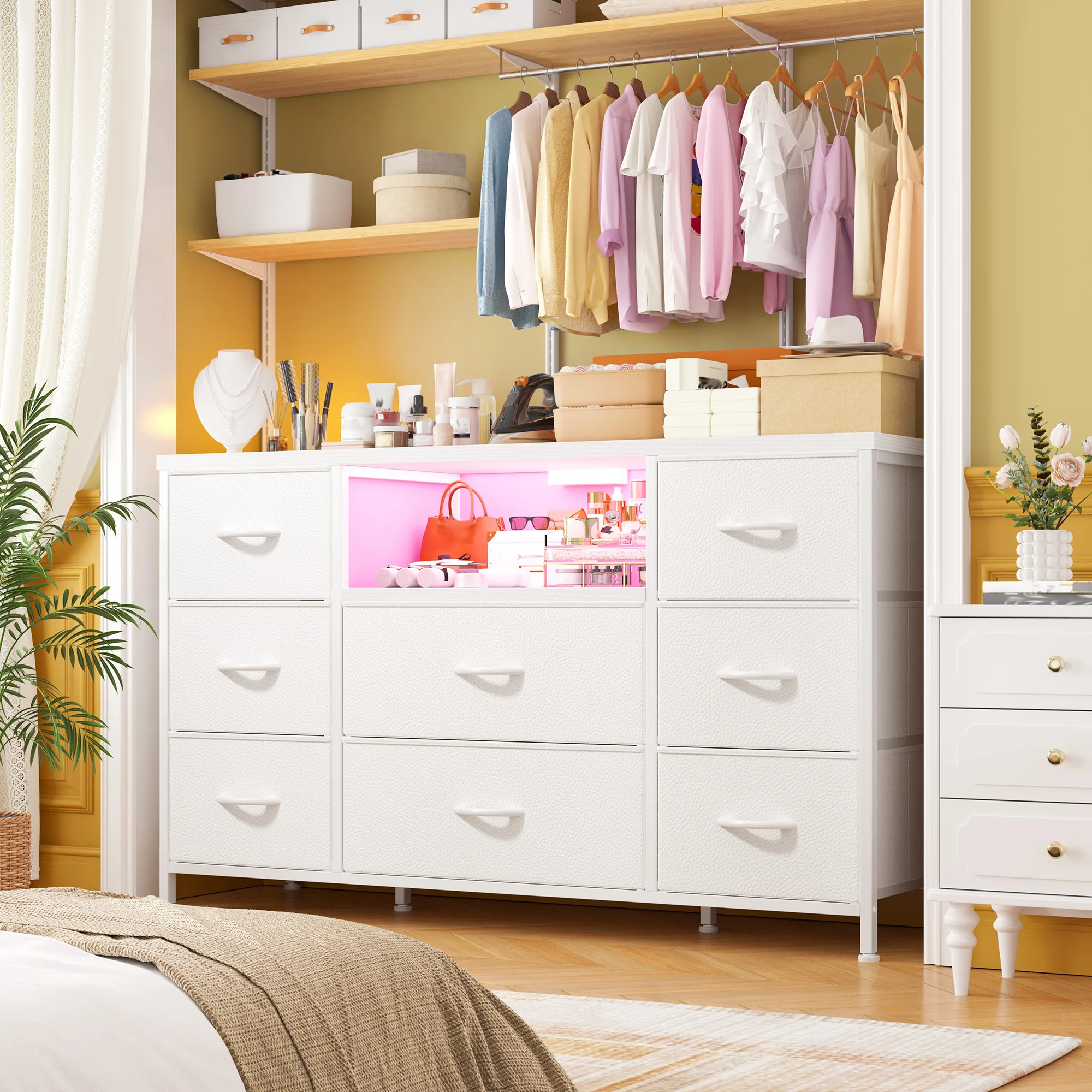 EnHomee 8-Drawer Media Dresser with LED Lighting & Built-in Charging Station - Fabric Storage Cabinet for 55" TVs, Ideal for Bedroom