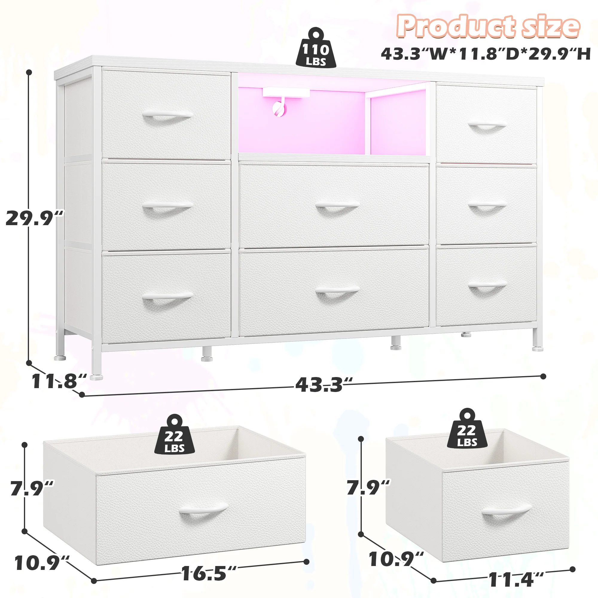 EnHomee 8-Drawer Media Dresser with LED Lighting & Built-in Charging Station - Fabric Storage Cabinet for 55" TVs, Ideal for Bedroom