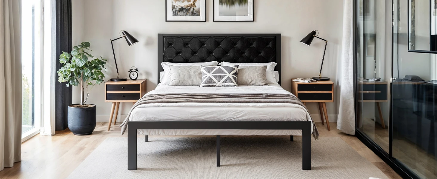 HOOMIC Metal Bed Frame with Upholstered Finely Stitched Headboard, Linen Fabric, Sturdy Foundation, No Box Spring Needed