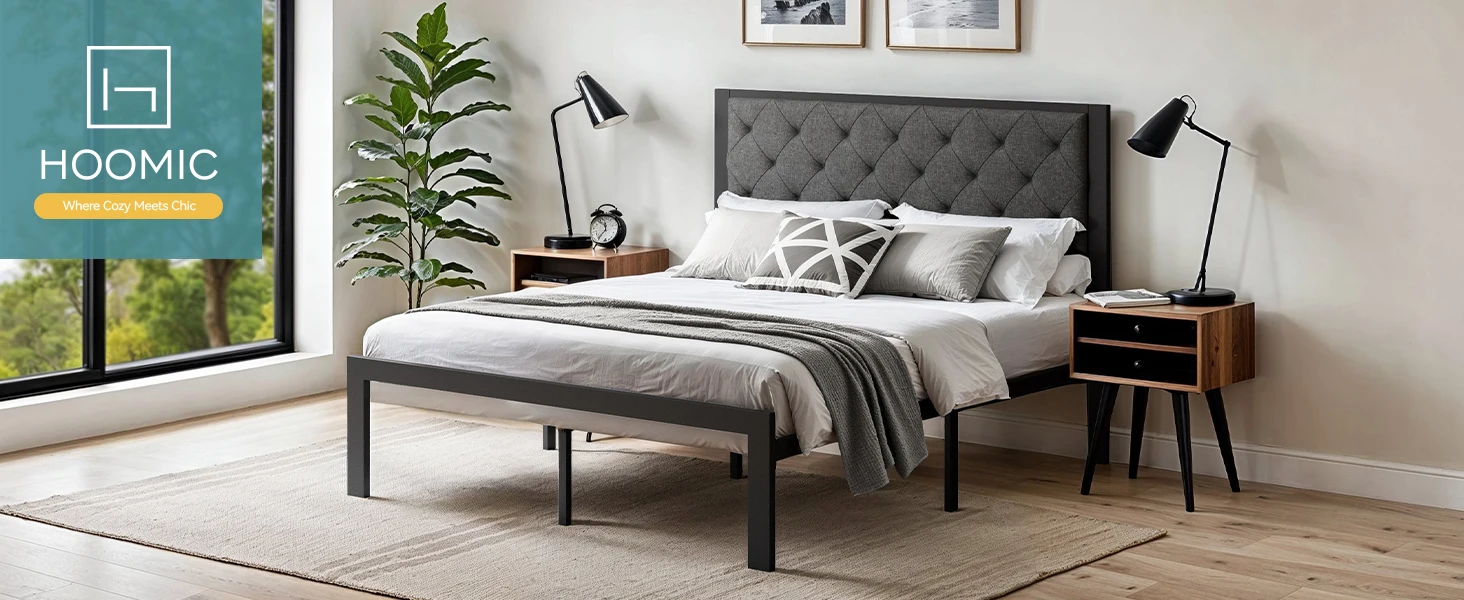 HOOMIC Metal Bed Frame with Upholstered Finely Stitched Headboard, Linen Fabric, Sturdy Foundation, No Box Spring Needed