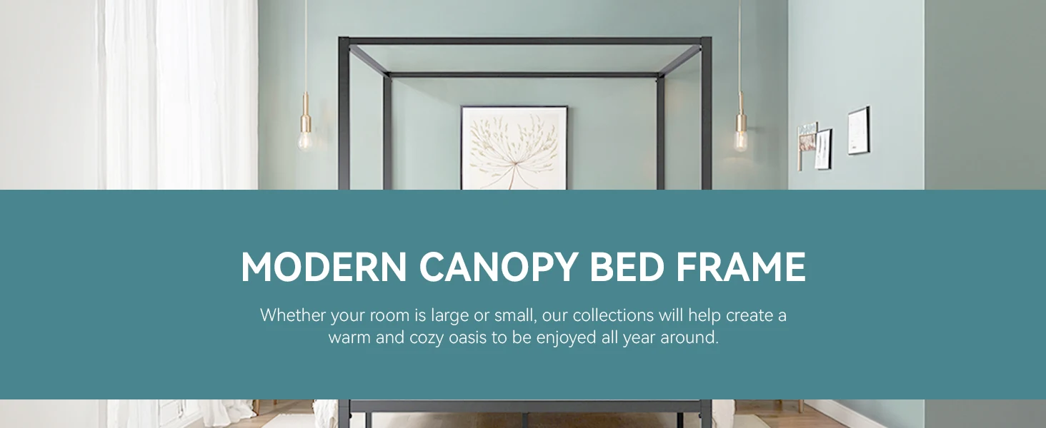 HOOMIC Canopy Bed Frame, Enhanced 4-Poster, 3-Metal Crossbar, No Box Spring Needed, Easy Assembly Allewie