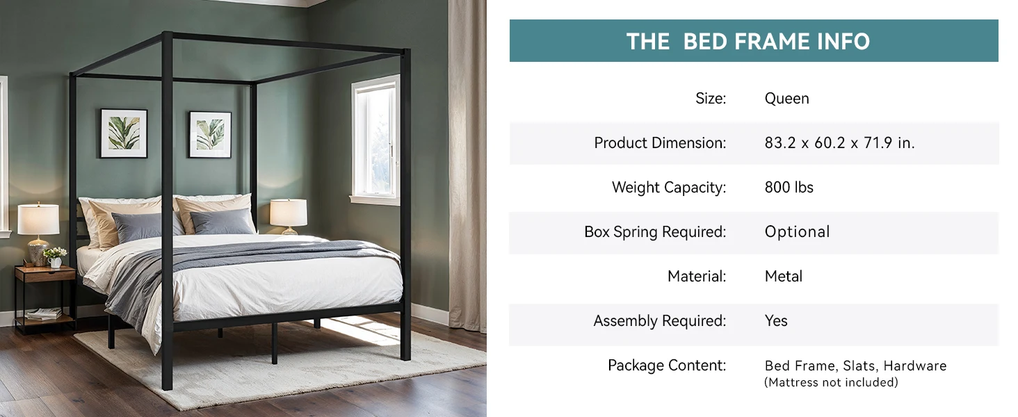 HOOMIC Canopy Bed Frame, Enhanced 4-Poster, 3-Metal Crossbar, No Box Spring Needed, Easy Assembly Allewie