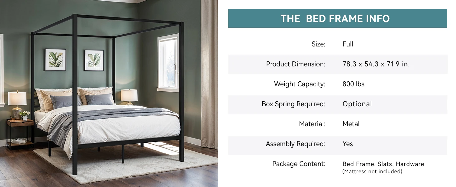 HOOMIC Canopy Bed Frame, Enhanced 4-Poster, 3-Metal Crossbar, No Box Spring Needed, Easy Assembly Allewie