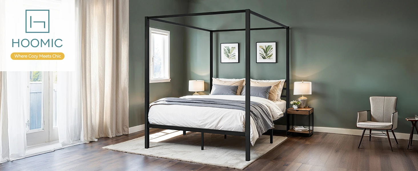 HOOMIC Canopy Bed Frame, Enhanced 4-Poster, 3-Metal Crossbar, No Box Spring Needed, Easy Assembly Allewie