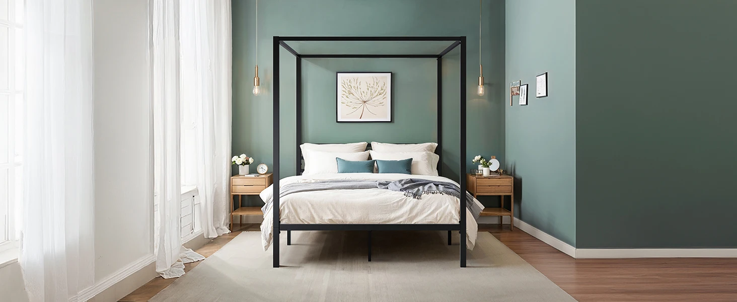 HOOMIC Canopy Bed Frame, Enhanced 4-Poster, 3-Metal Crossbar, No Box Spring Needed, Easy Assembly Allewie