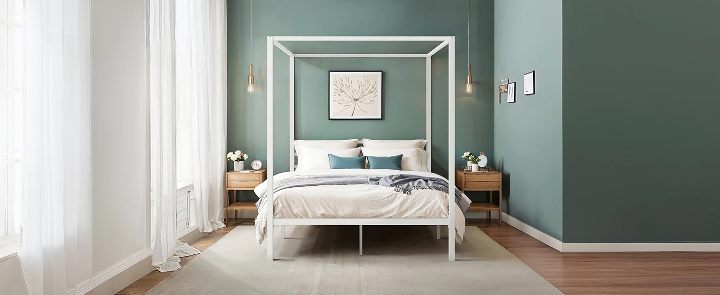 HOOMIC Canopy Bed Frame, Enhanced 4-Poster, 3-Metal Crossbar, No Box Spring Needed, Easy Assembly Allewie