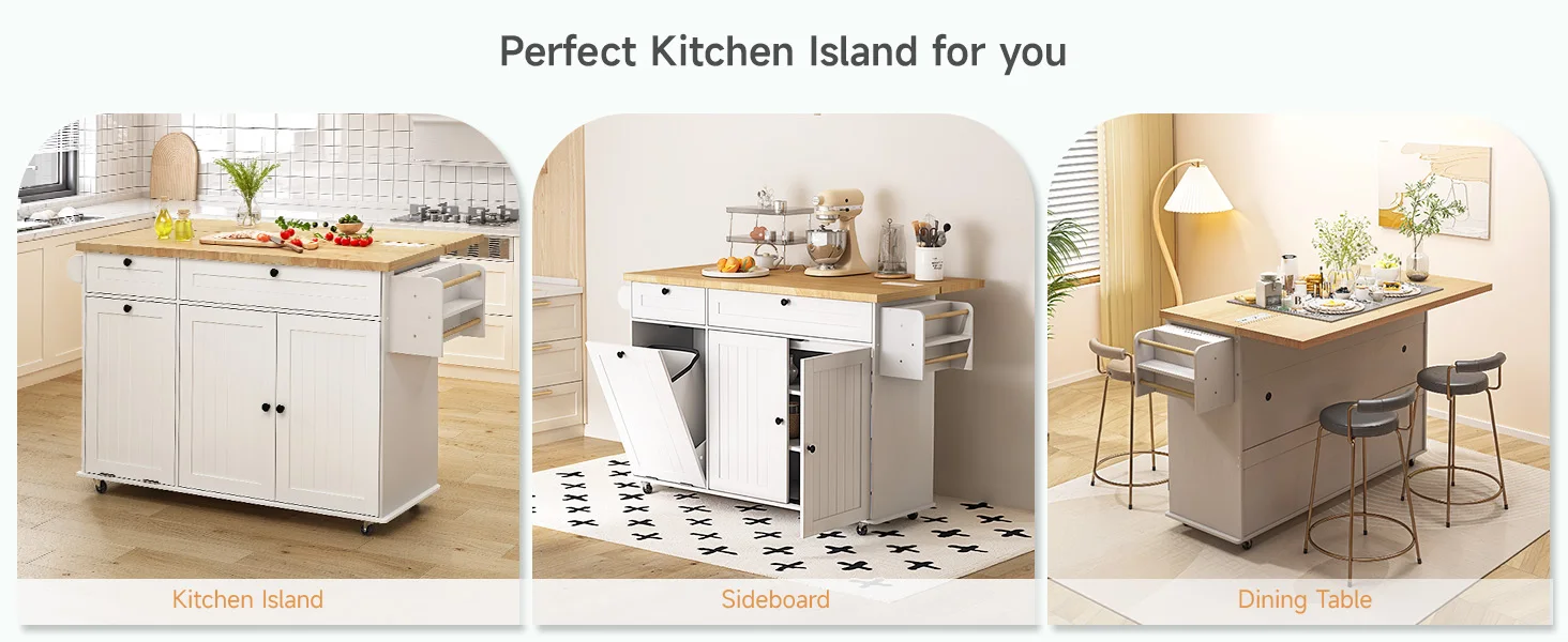 60" Mobile Kitchen Islands Rolling Trolleys Kitchen Island Table Drop Leaf Home Carts with Power Outlet Spice Towel Rack Trash
