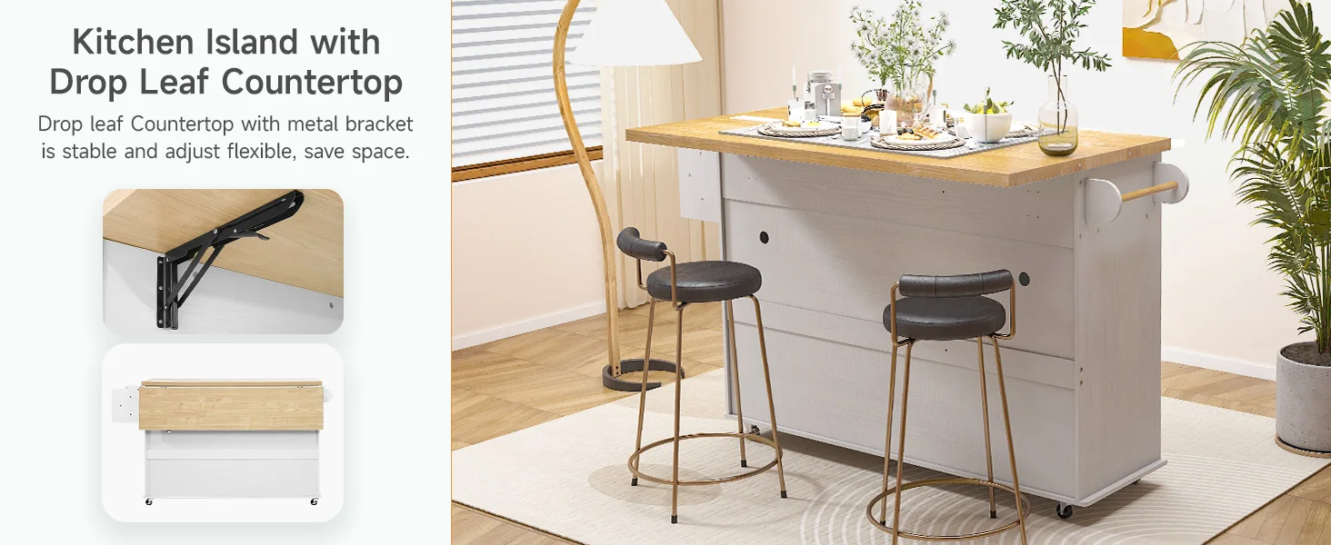 60" Mobile Kitchen Islands Rolling Trolleys Kitchen Island Table Drop Leaf Home Carts with Power Outlet Spice Towel Rack Trash