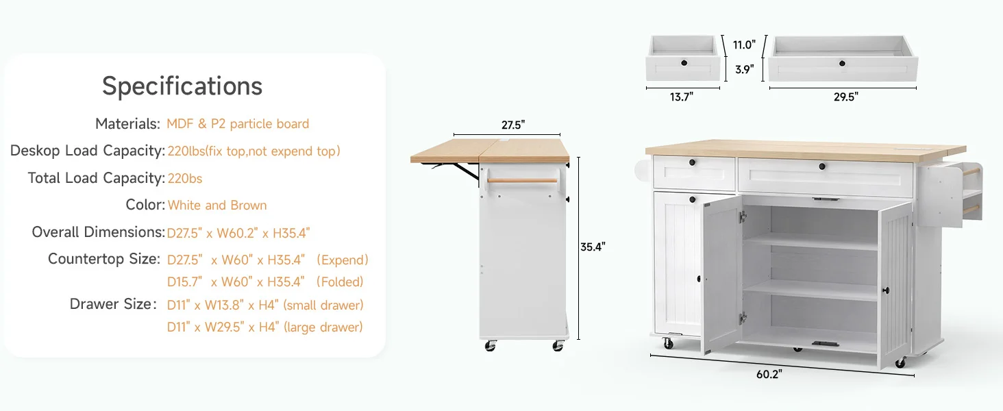 60" Mobile Kitchen Islands Rolling Trolleys Kitchen Island Table Drop Leaf Home Carts with Power Outlet Spice Towel Rack Trash