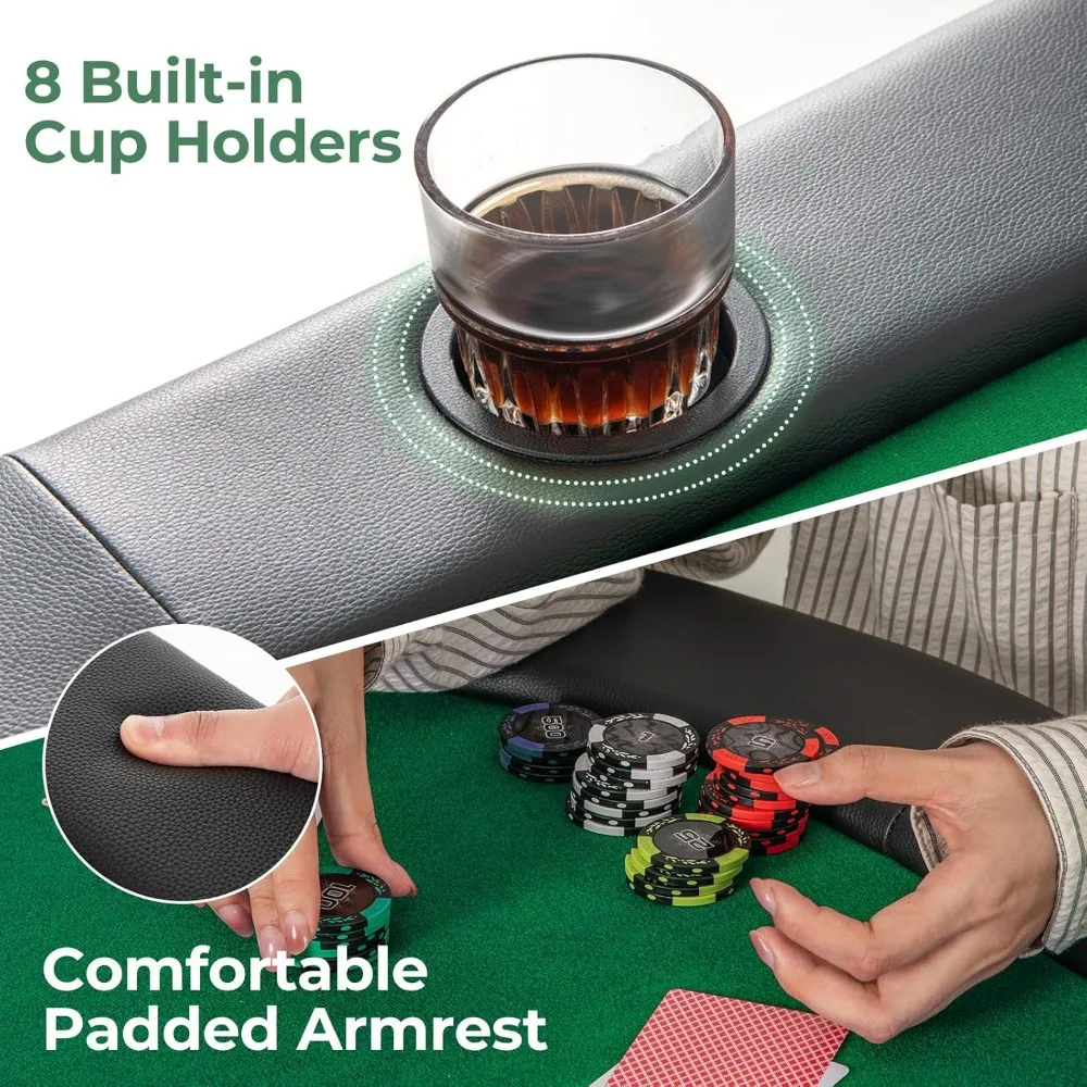 8 Player Poker Table Foldable, Folding Card Board Game Table w/8 Cup Holders & Comfy Armrests, Casino Grade Felt, Portable Oval