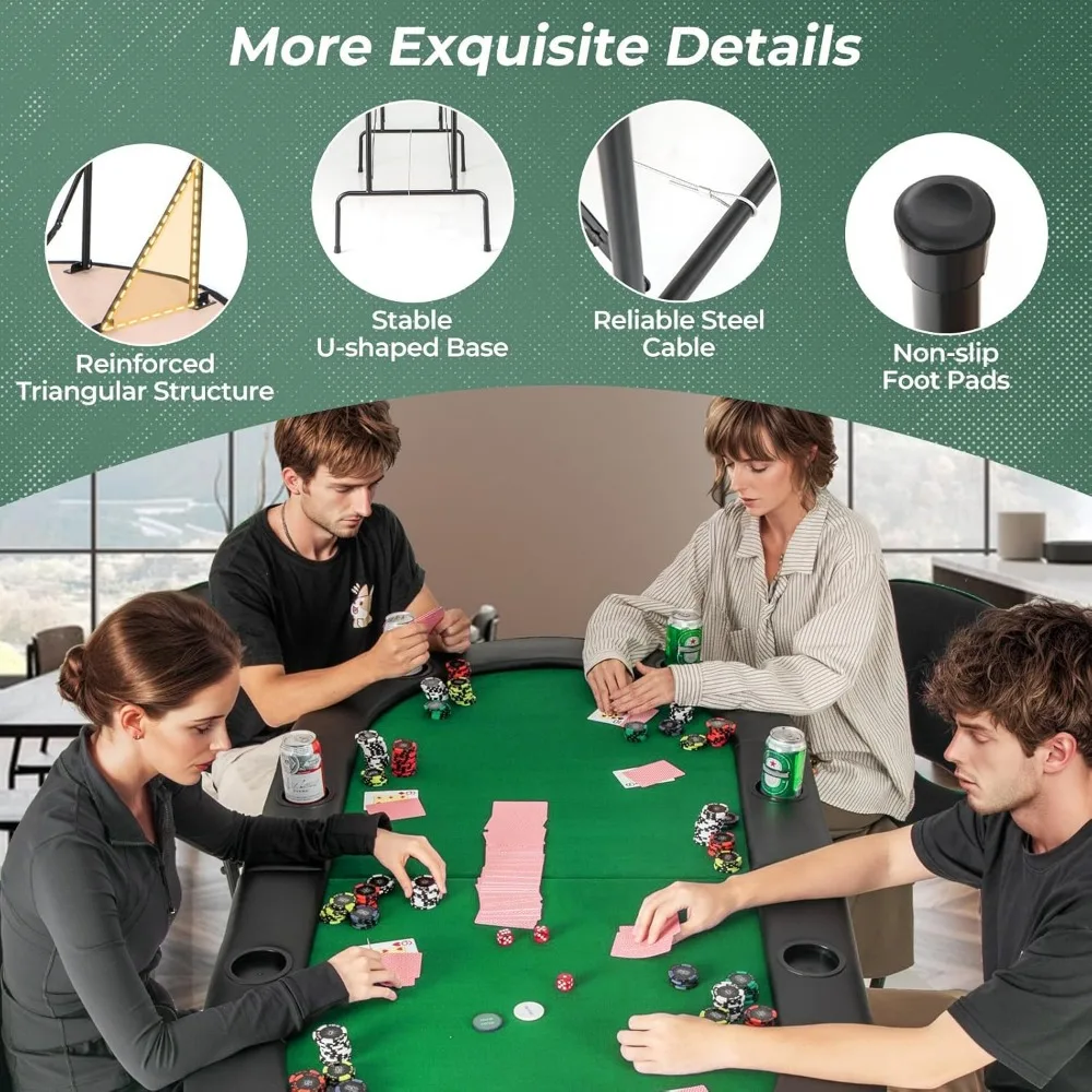 8 Player Poker Table Foldable, Folding Card Board Game Table w/8 Cup Holders & Comfy Armrests, Casino Grade Felt, Portable Oval