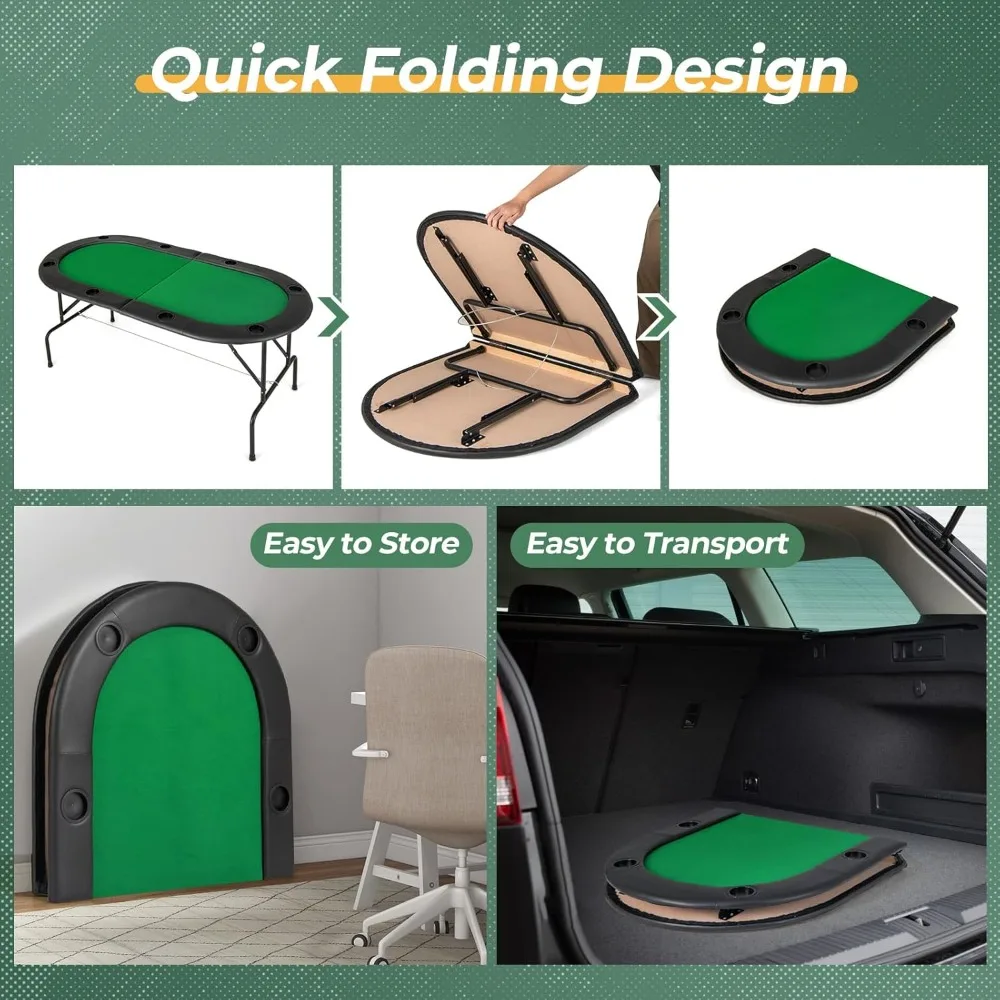 8 Player Poker Table Foldable, Folding Card Board Game Table w/8 Cup Holders & Comfy Armrests, Casino Grade Felt, Portable Oval
