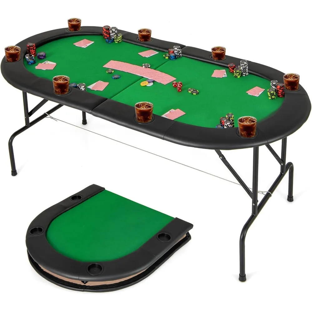 8 Player Poker Table Foldable, Folding Card Board Game Table w/8 Cup Holders & Comfy Armrests, Casino Grade Felt, Portable Oval