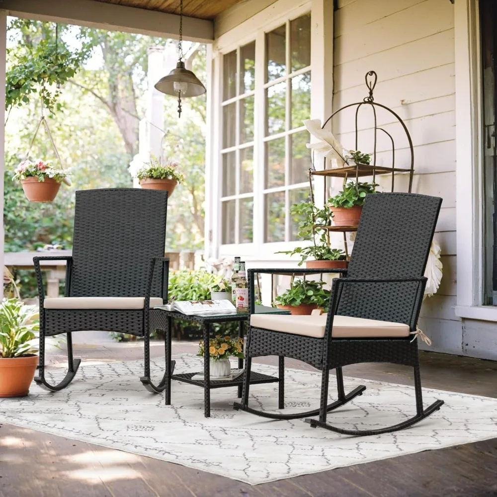 Flamaker Rocking Chair Outdoor PE Rattan Patio Chairs Glass Table High Back Porch Rocker for Balcony Garden Backyard (Beige)