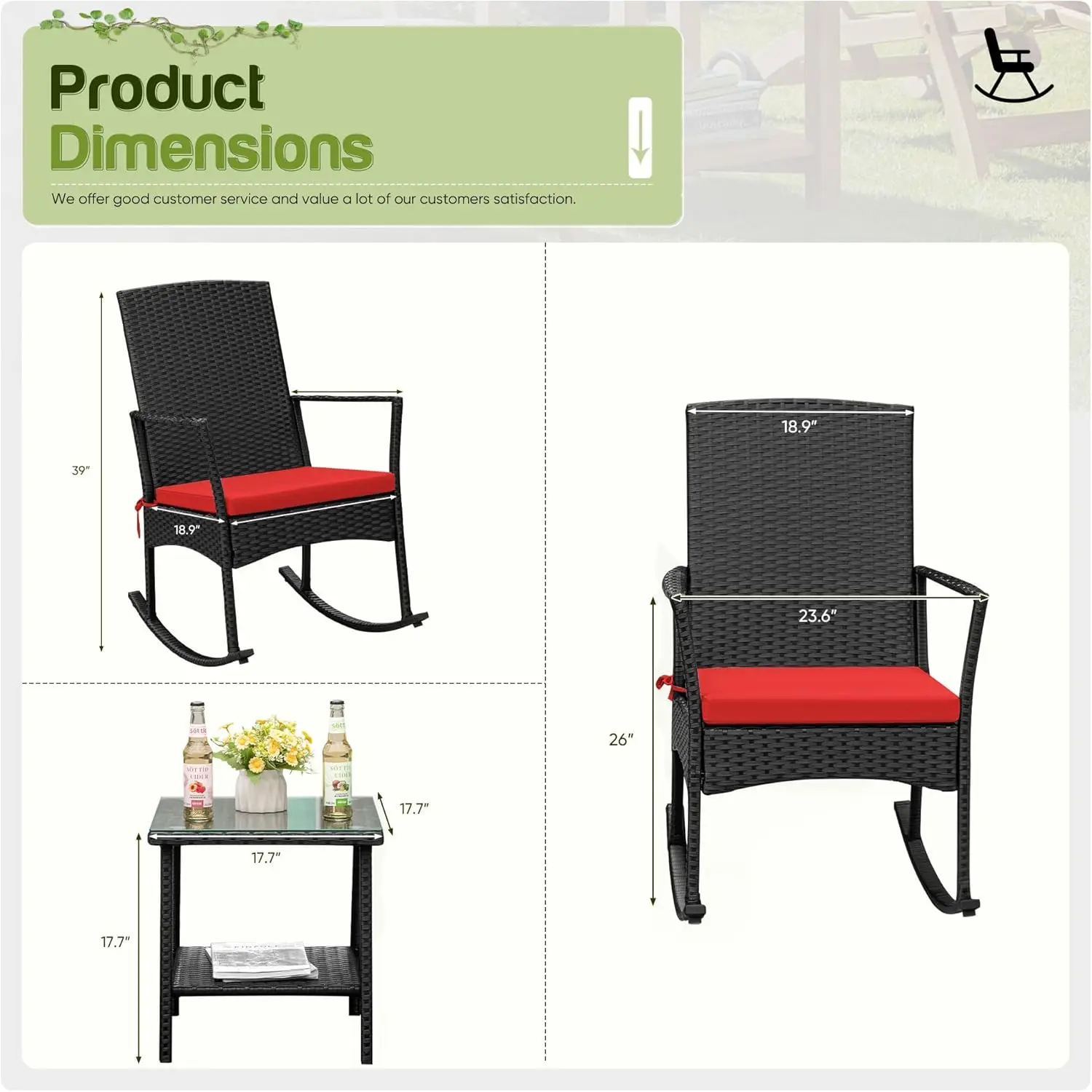 Flamaker Rocking Chair Outdoor PE Rattan Patio Chairs Glass Table High Back Porch Rocker for Balcony Garden Backyard (Beige)