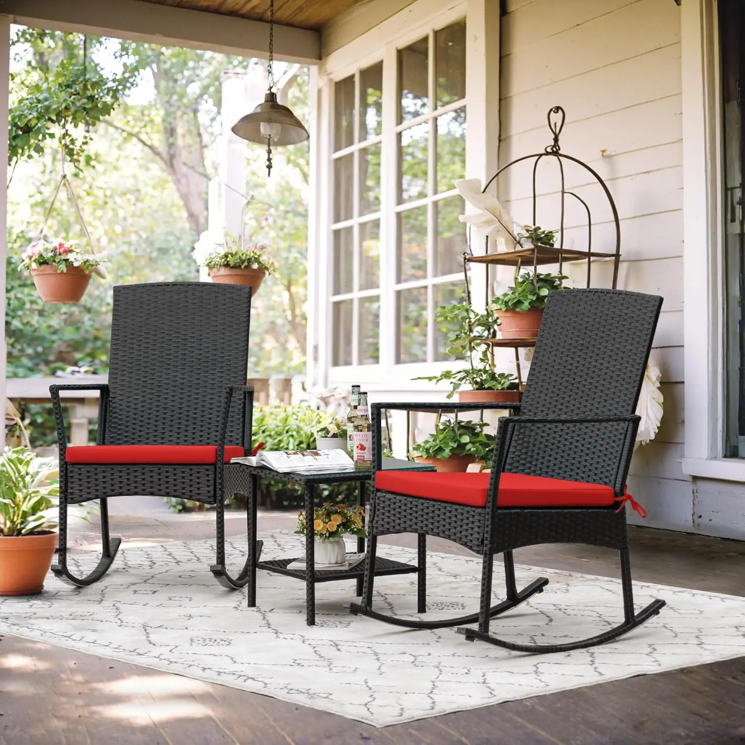 Flamaker Rocking Chair Outdoor PE Rattan Patio Chairs Glass Table High Back Porch Rocker for Balcony Garden Backyard (Beige)