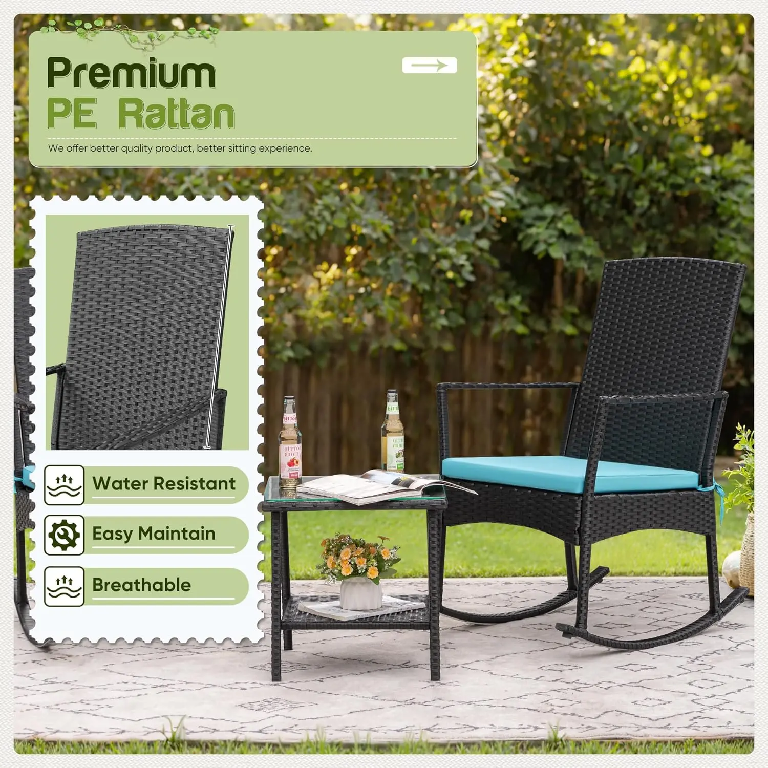 Flamaker Rocking Chair Outdoor PE Rattan Patio Chairs Glass Table High Back Porch Rocker for Balcony Garden Backyard (Beige)