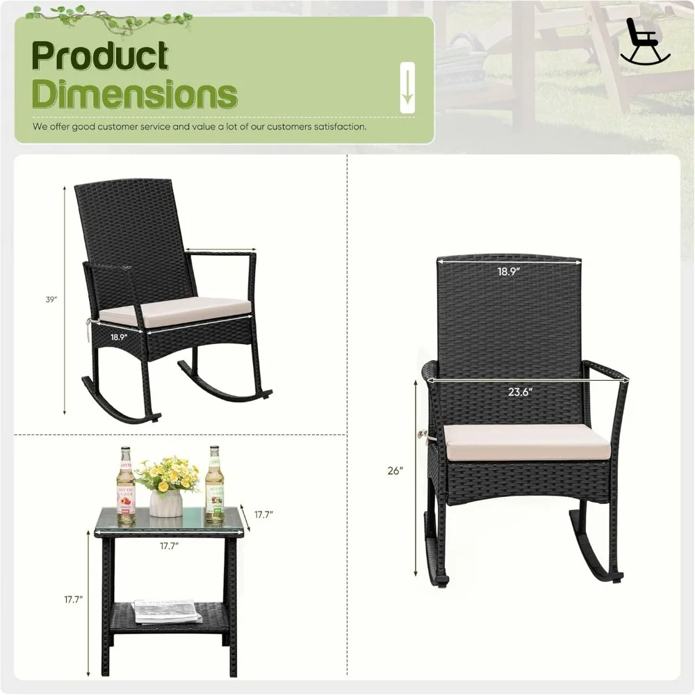 Flamaker Rocking Chair Outdoor PE Rattan Patio Chairs Glass Table High Back Porch Rocker for Balcony Garden Backyard (Beige)