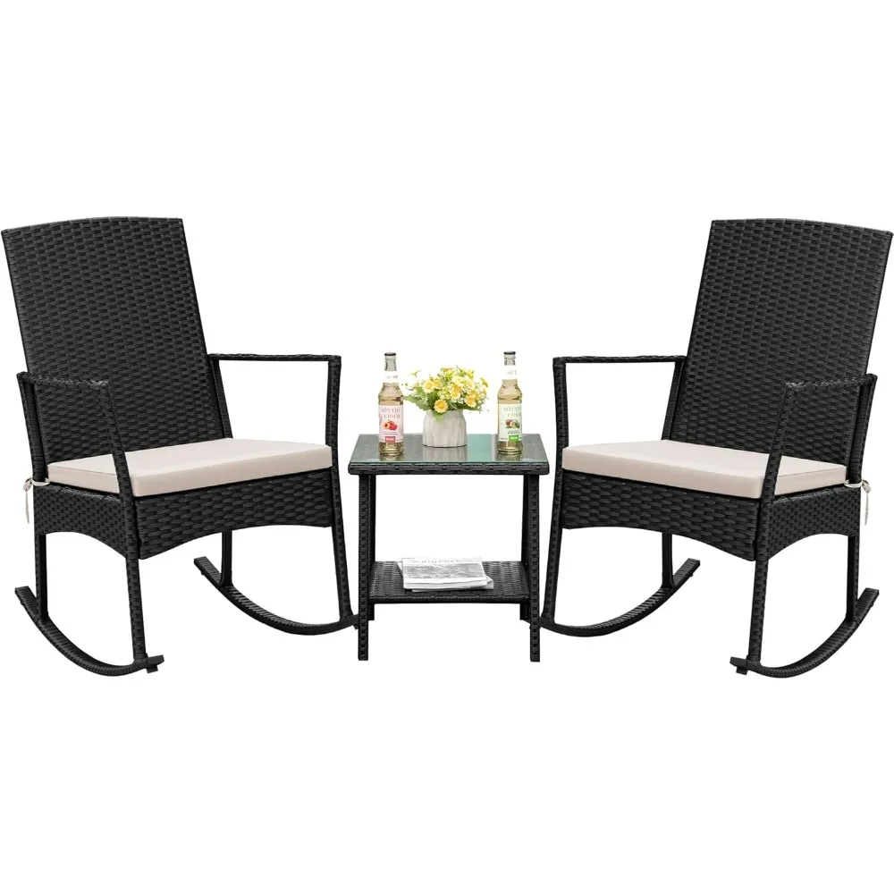 Flamaker Rocking Chair Outdoor PE Rattan Patio Chairs Glass Table High Back Porch Rocker for Balcony Garden Backyard (Beige)