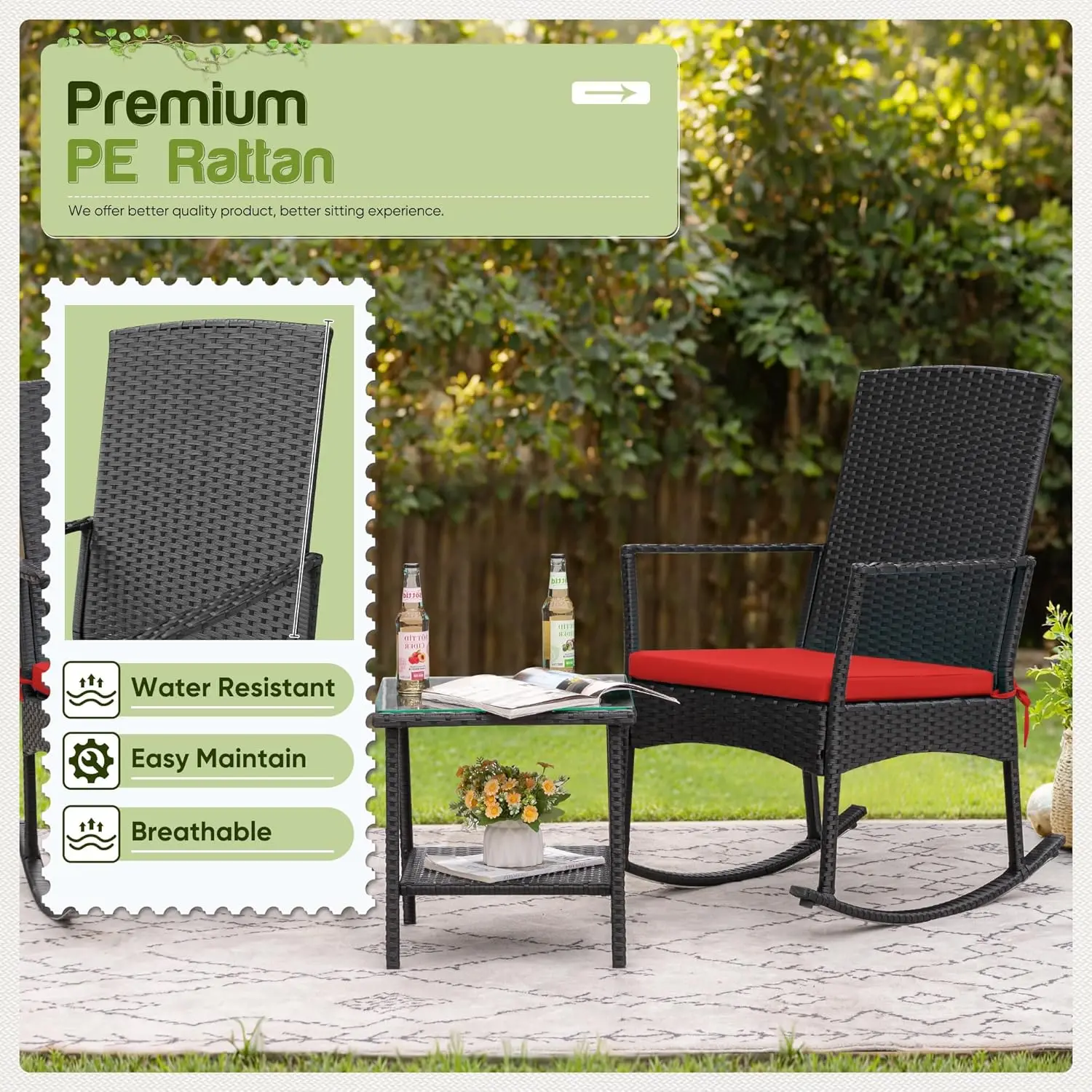 Flamaker Rocking Chair Outdoor PE Rattan Patio Chairs Glass Table High Back Porch Rocker for Balcony Garden Backyard (Beige)