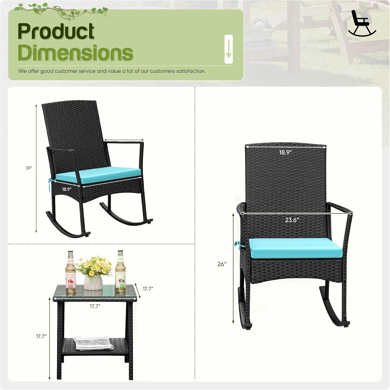 Flamaker Rocking Chair Outdoor PE Rattan Patio Chairs Glass Table High Back Porch Rocker for Balcony Garden Backyard (Beige)