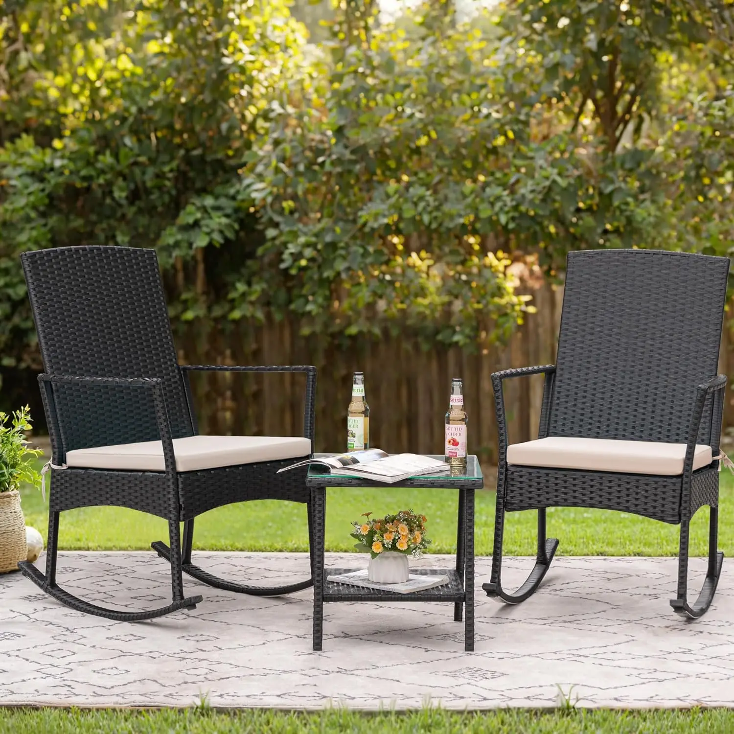 Flamaker Rocking Chair Outdoor PE Rattan Patio Chairs Glass Table High Back Porch Rocker for Balcony Garden Backyard (Beige)