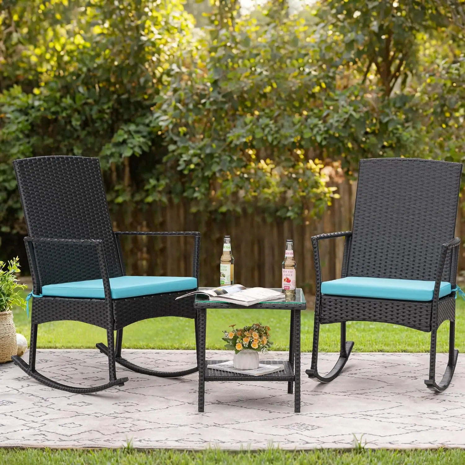 Flamaker Rocking Chair Outdoor PE Rattan Patio Chairs Glass Table High Back Porch Rocker for Balcony Garden Backyard (Beige)