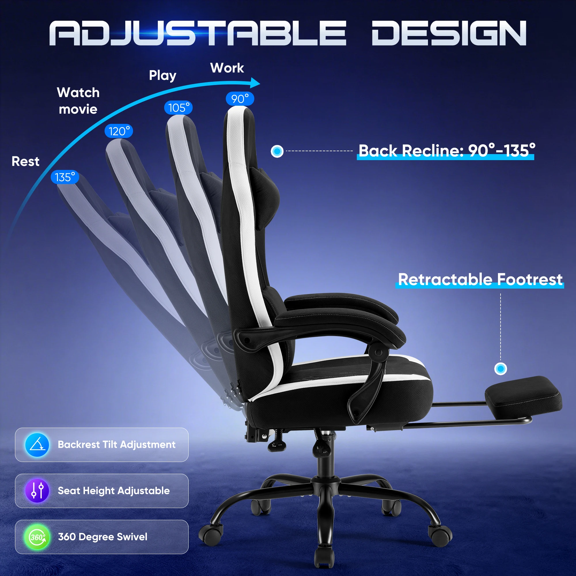 JHK Ergonomic Computer Gaming Chair Height Adjustable 360° Swivel with Headrest Lumbar Support Linkage Armrests For Office Home