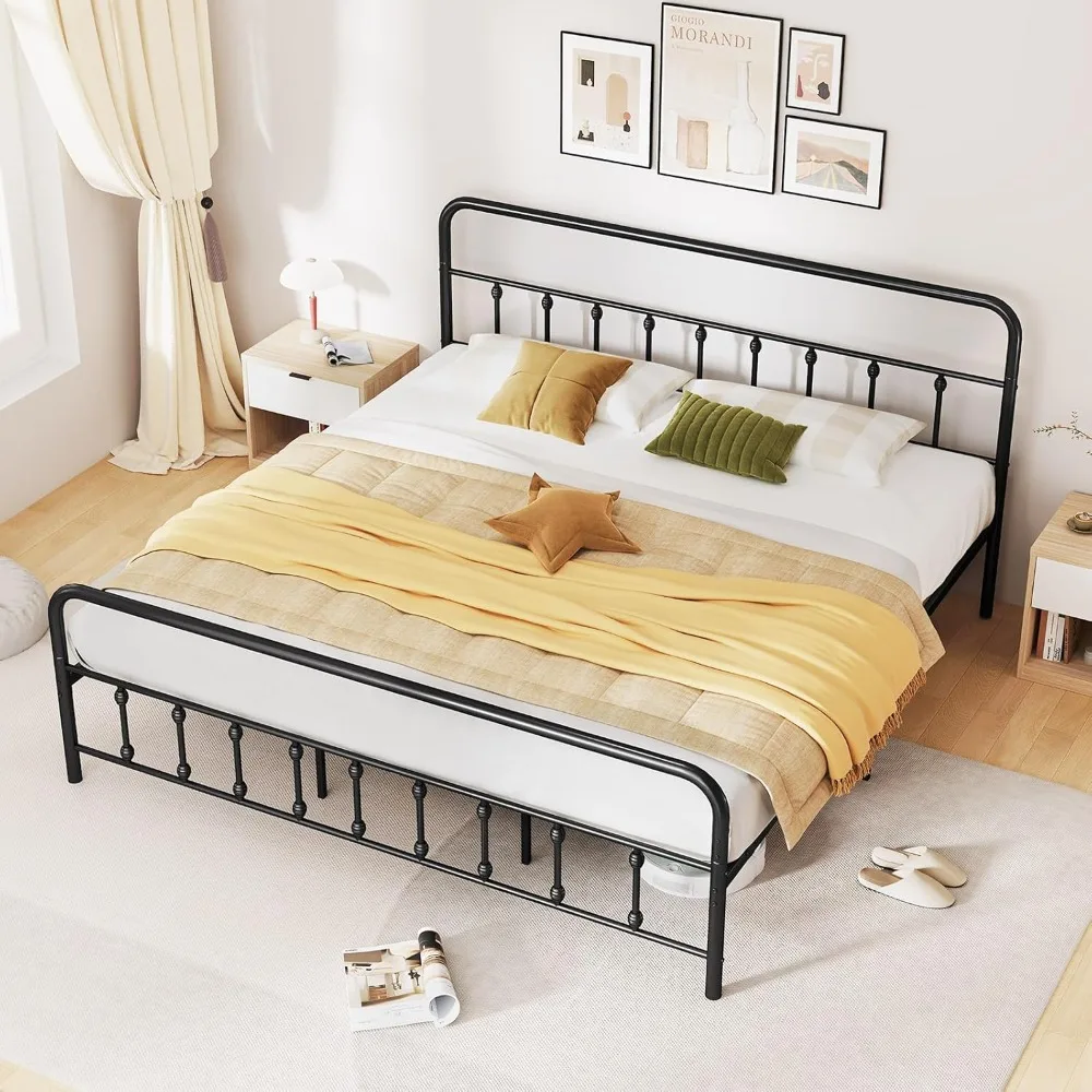 giantex king size metal platform bed frame, victorian style king platform bed with headboard & footboard, heavy duty mattress fo