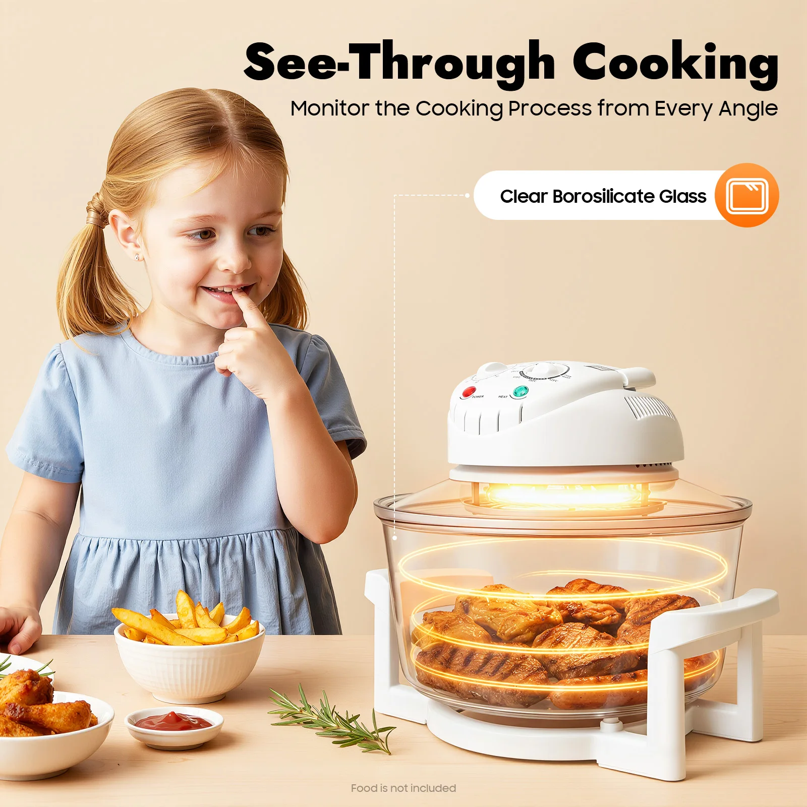 110V 17.96Qt Visual Air Fryer 1200-1400W 360° Hot Air Circulation Oil-Free Cooker with Grill Rack for Home Kitchen