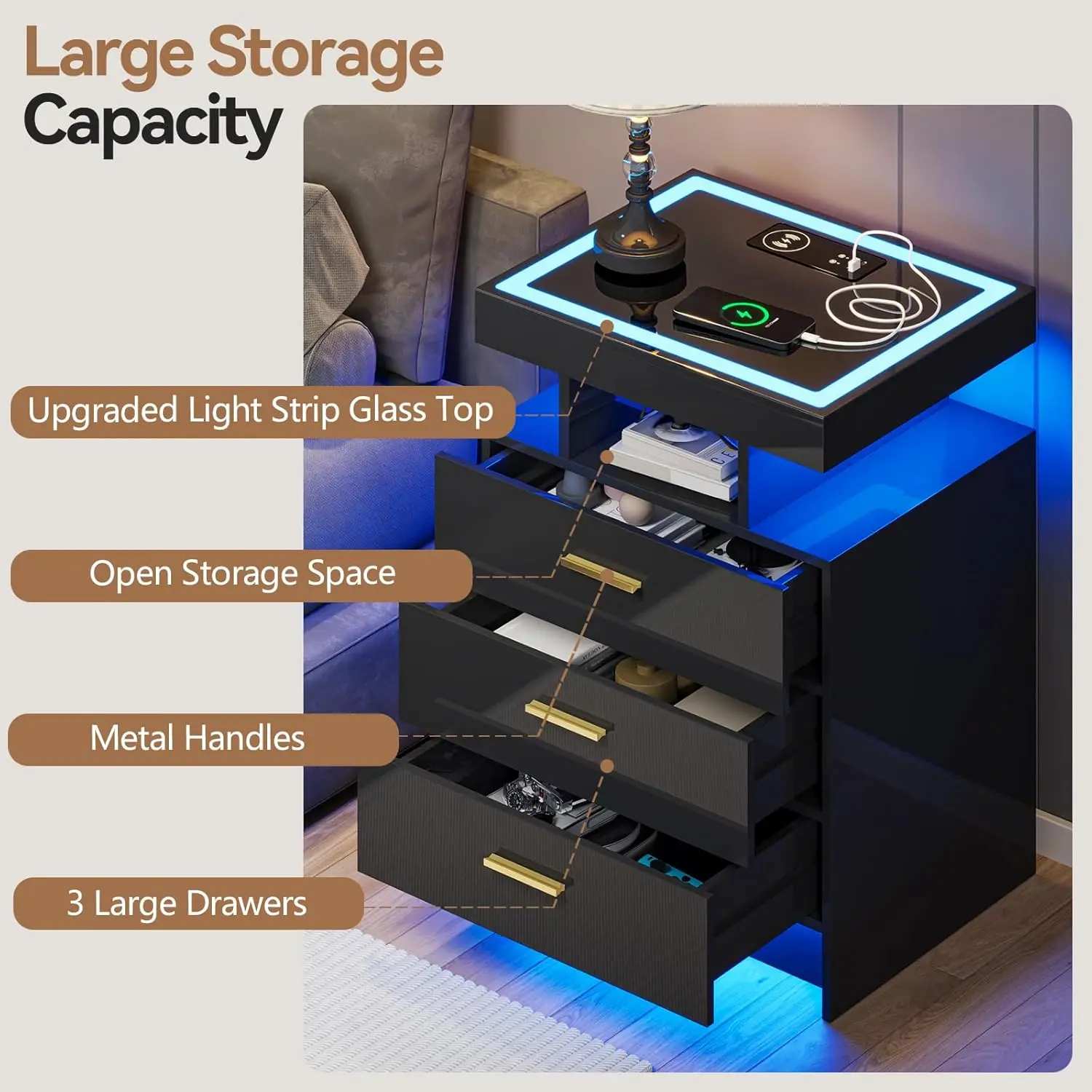 Black Night Stand Set 2 Modern Bedside Tables with Wireless Charging 3 Drawers Glass Top Smart Customized End Side Table