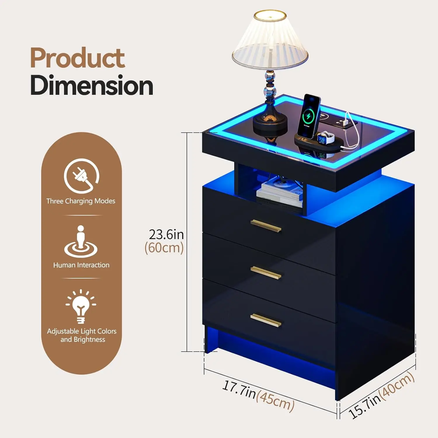 Black Night Stand Set 2 Modern Bedside Tables with Wireless Charging 3 Drawers Glass Top Smart Customized End Side Table