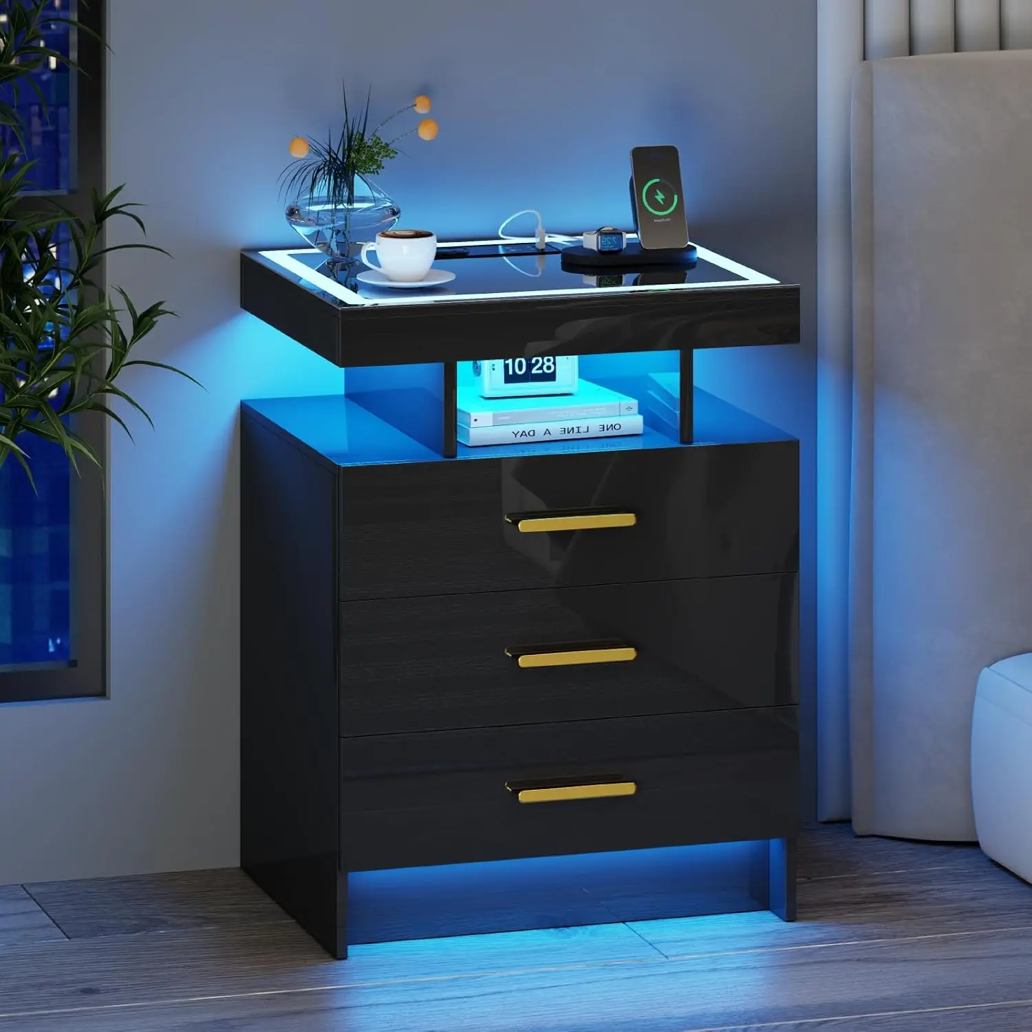 Black Night Stand Set 2 Modern Bedside Tables with Wireless Charging 3 Drawers Glass Top Smart Customized End Side Table