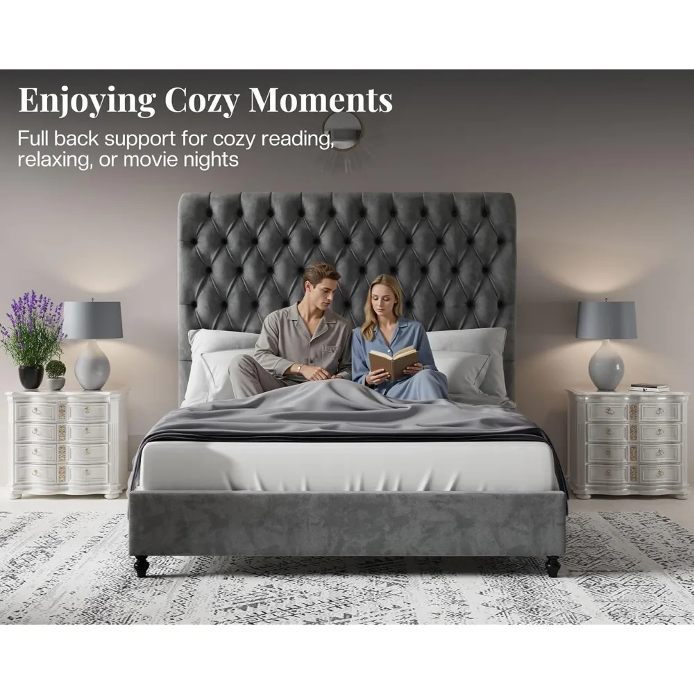 King Size Bed Frame with 59 Tall Upholstered Headboard, Luxury Velvet Bed with Handcrafted Deep-Tufted Design