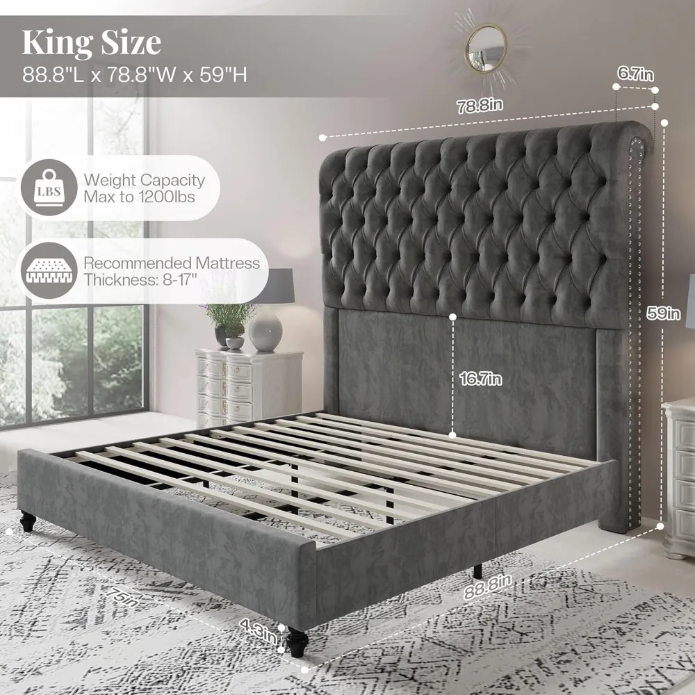 King Size Bed Frame with 59 Tall Upholstered Headboard, Luxury Velvet Bed with Handcrafted Deep-Tufted Design