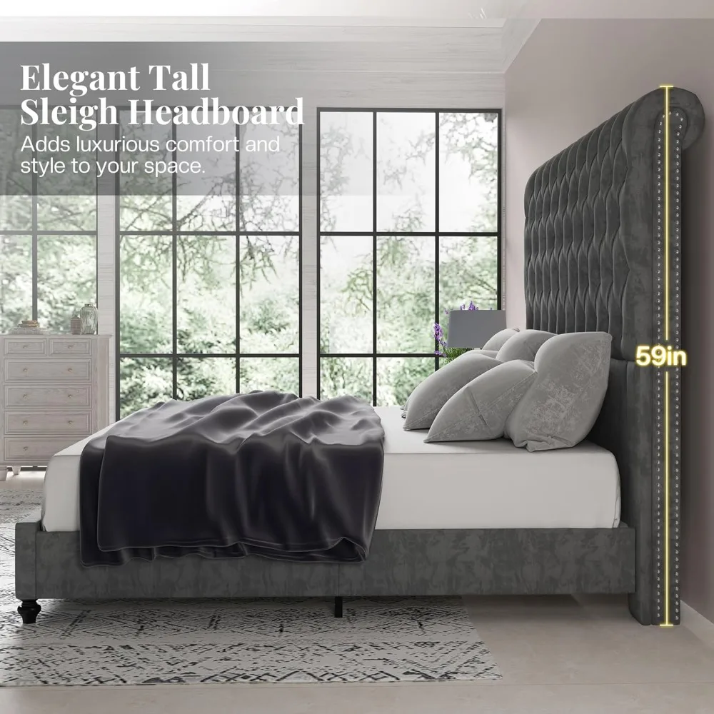 King Size Bed Frame with 59 Tall Upholstered Headboard, Luxury Velvet Bed with Handcrafted Deep-Tufted Design