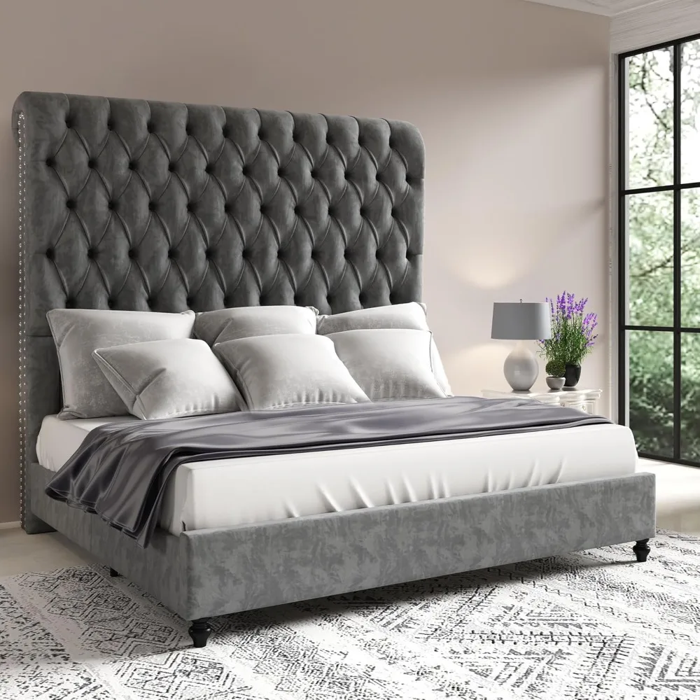 King Size Bed Frame with 59 Tall Upholstered Headboard, Luxury Velvet Bed with Handcrafted Deep-Tufted Design