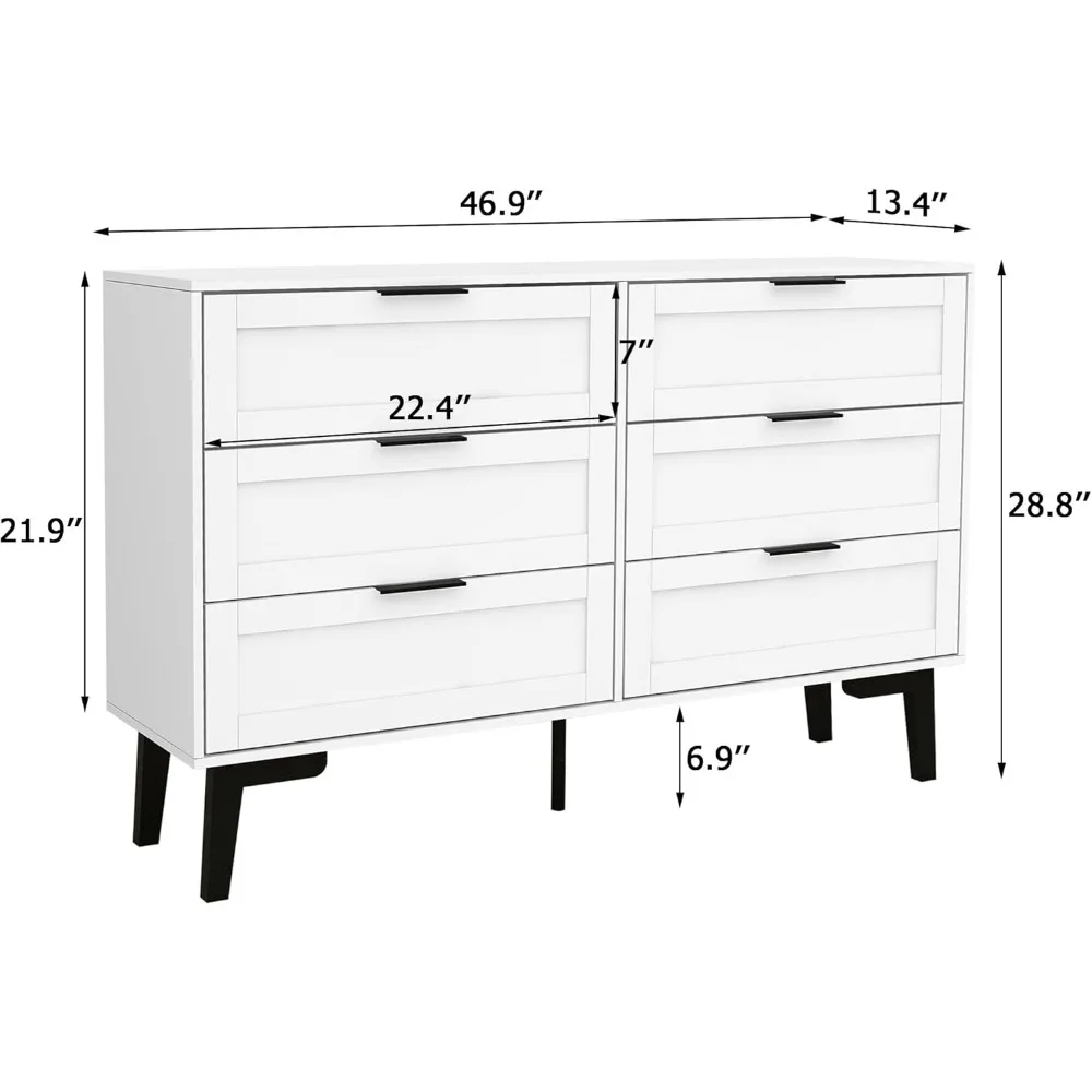 Exquisite 6 Drawer Dresser for Bedroom Modern White Chest of Drawers for Nursery Wood Dresser for Kids Horizontal Dressers & Che