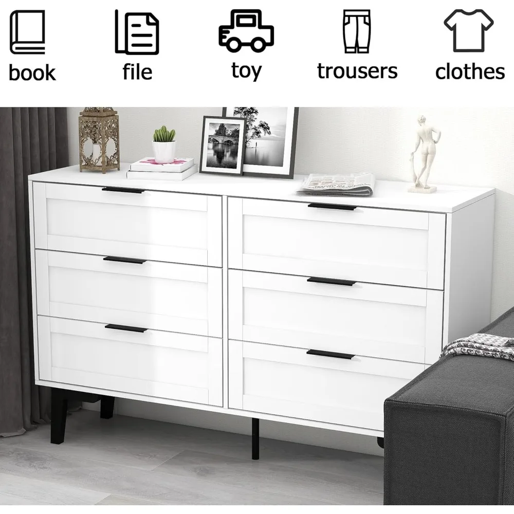 Exquisite 6 Drawer Dresser for Bedroom Modern White Chest of Drawers for Nursery Wood Dresser for Kids Horizontal Dressers & Che