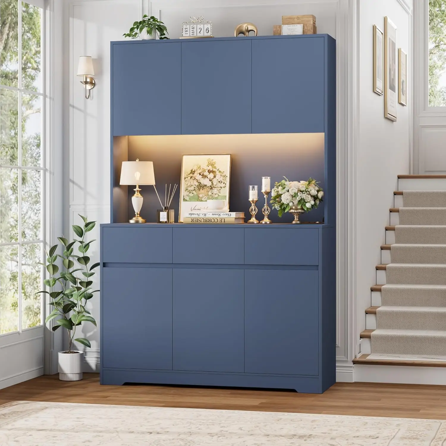 71" Blue Tall Kitchen Pantry Cabinet with LED Lights, Power Outlets & Microwave Storage Hutch