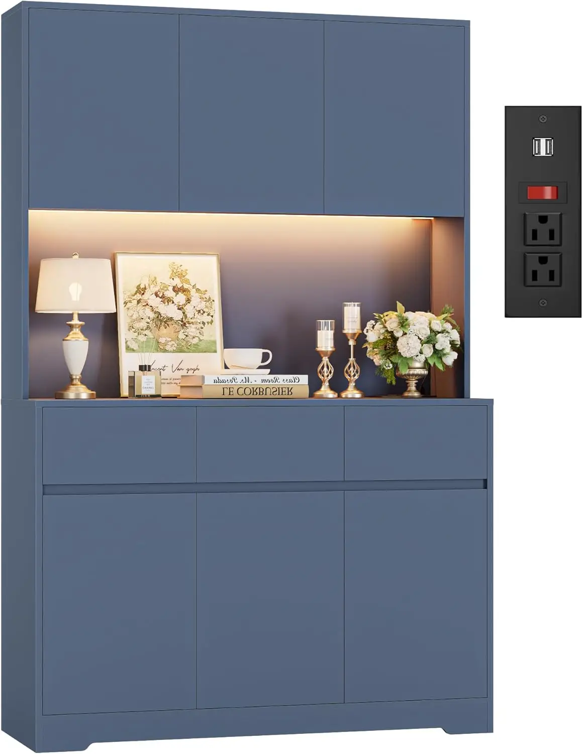 71" Blue Tall Kitchen Pantry Cabinet with LED Lights, Power Outlets & Microwave Storage Hutch