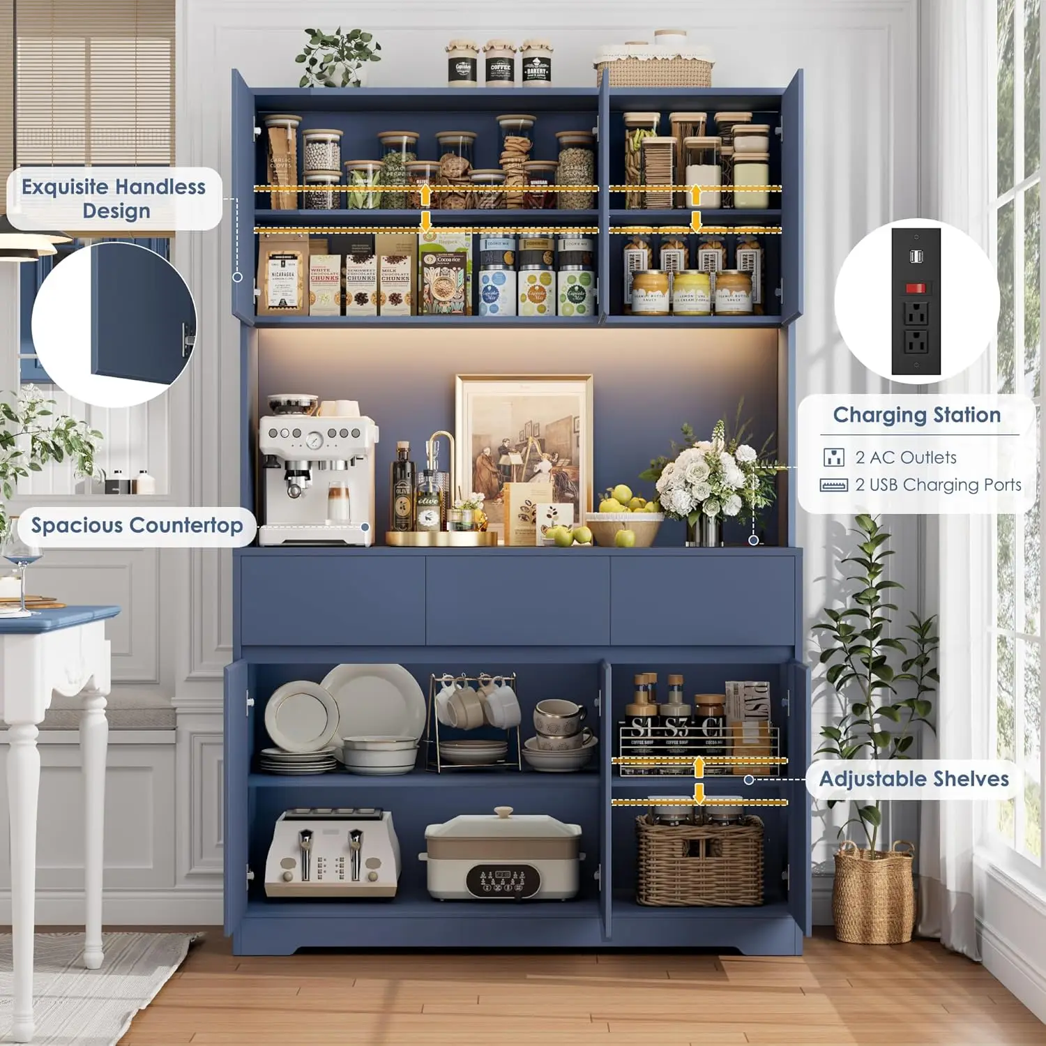 71" Blue Tall Kitchen Pantry Cabinet with LED Lights, Power Outlets & Microwave Storage Hutch