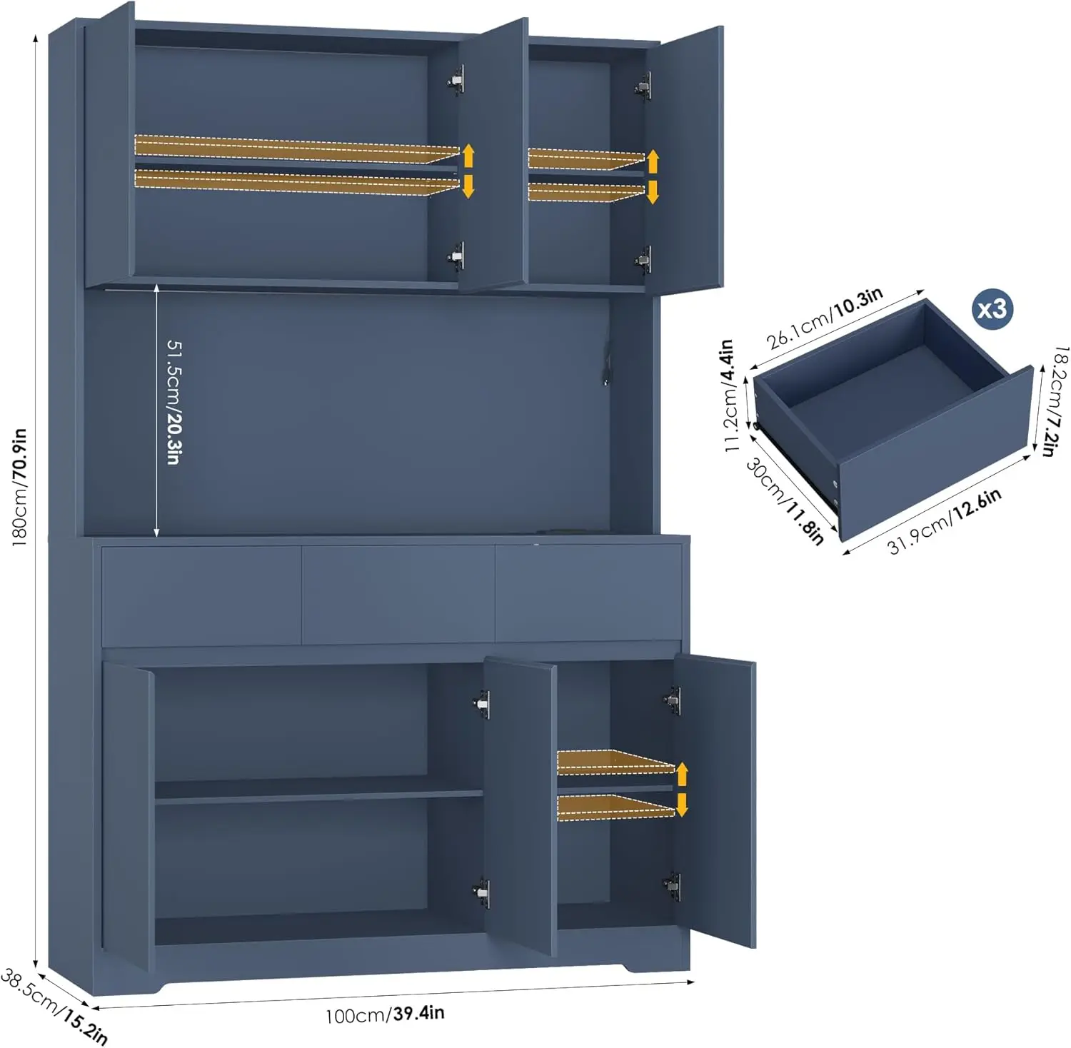71" Blue Tall Kitchen Pantry Cabinet with LED Lights, Power Outlets & Microwave Storage Hutch
