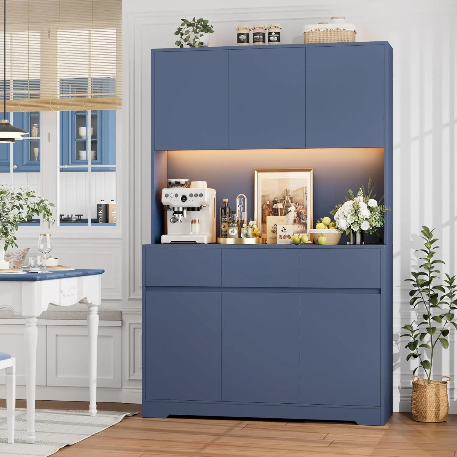 71" Blue Tall Kitchen Pantry Cabinet with LED Lights, Power Outlets & Microwave Storage Hutch