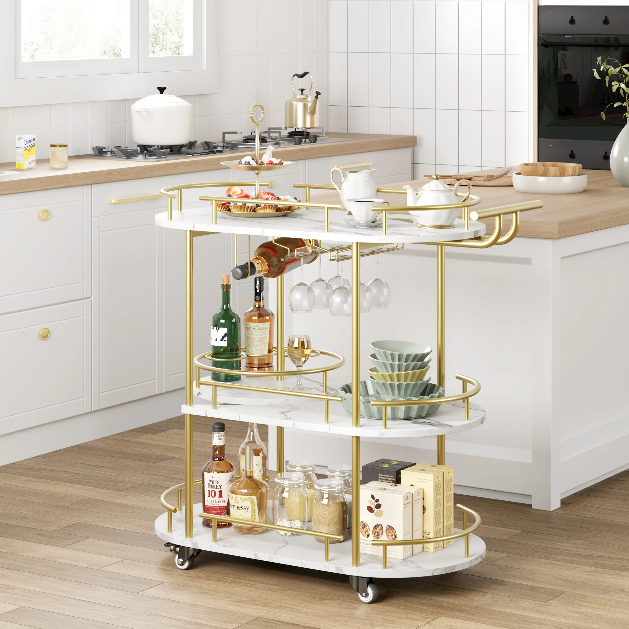 3-Tier Rolling Bar Cart with Wine Rack & Glass Holder, Metal Serving Cart on Wheels with Storage Shelves for Kitchen, Dining Room & Living Room, 87 x 40 x 94cm, Gold