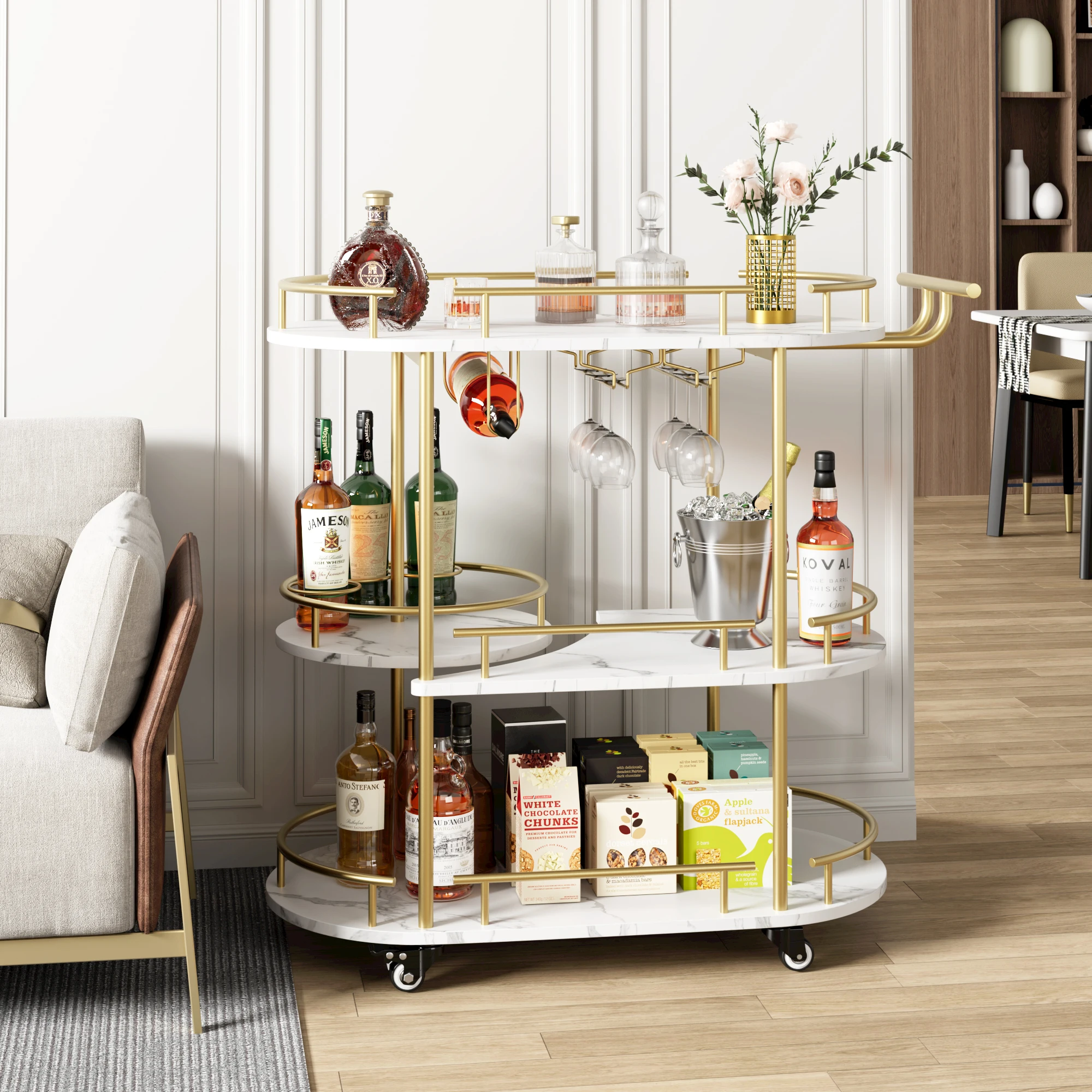 3-Tier Rolling Bar Cart with Wine Rack & Glass Holder, Metal Serving Cart on Wheels with Storage Shelves for Kitchen, Dining Room & Living Room, 87 x 40 x 94cm, Gold