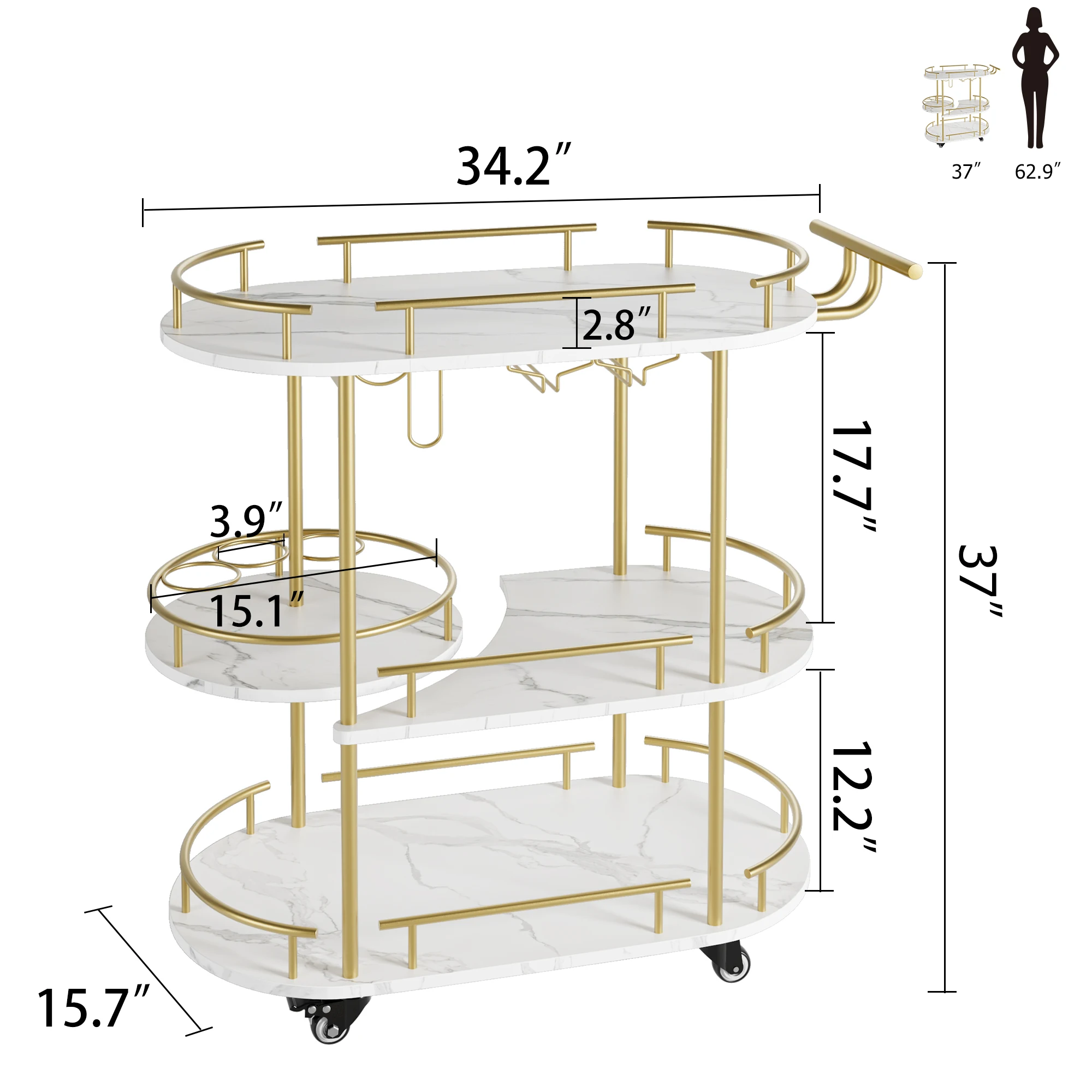 3-Tier Rolling Bar Cart with Wine Rack & Glass Holder, Metal Serving Cart on Wheels with Storage Shelves for Kitchen, Dining Room & Living Room, 87 x 40 x 94cm, Gold