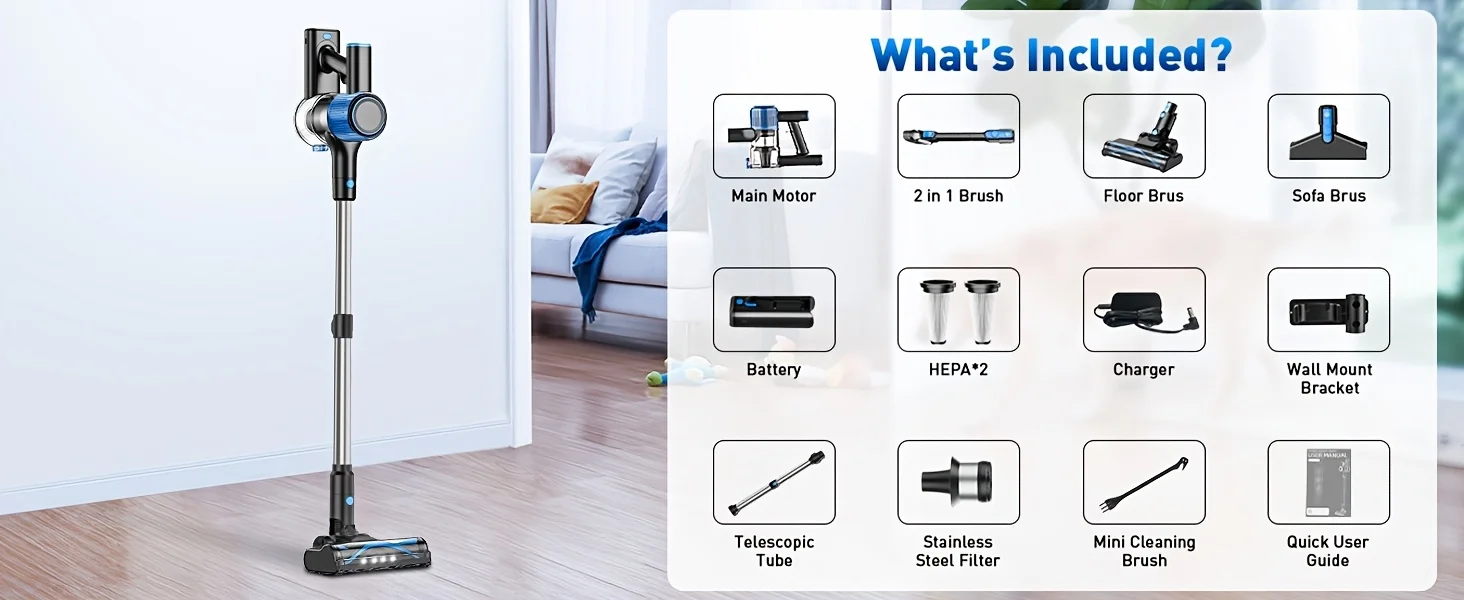 Cordless Vacuum Cleaner，55Kpa/45Mins/8 in 1 Powerful Suction,Self-Standing, 3 Suction Modes, Vacuum for Floor Carpet Pet Hair