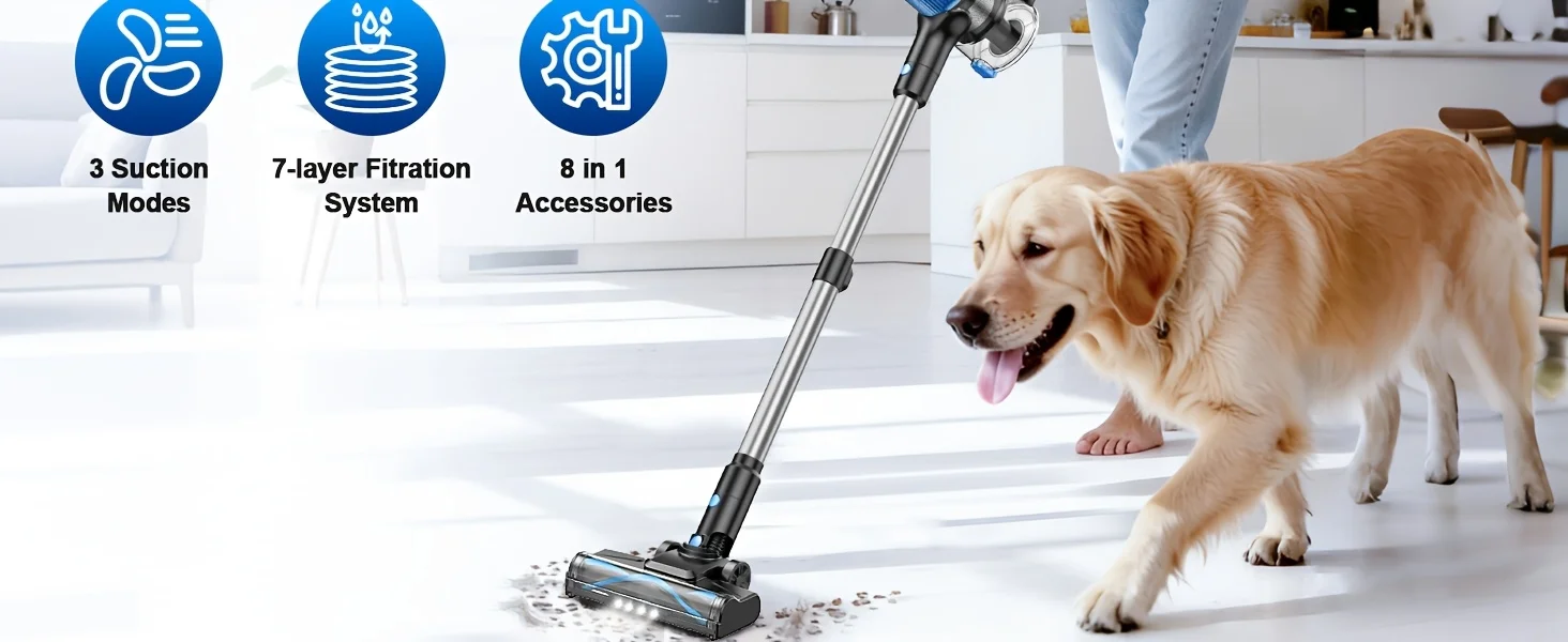 Cordless Vacuum Cleaner，55Kpa/45Mins/8 in 1 Powerful Suction,Self-Standing, 3 Suction Modes, Vacuum for Floor Carpet Pet Hair